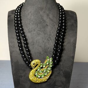 Swan Necklace With Green and Yellow Austrian Crystals Marked Heidi Daus
